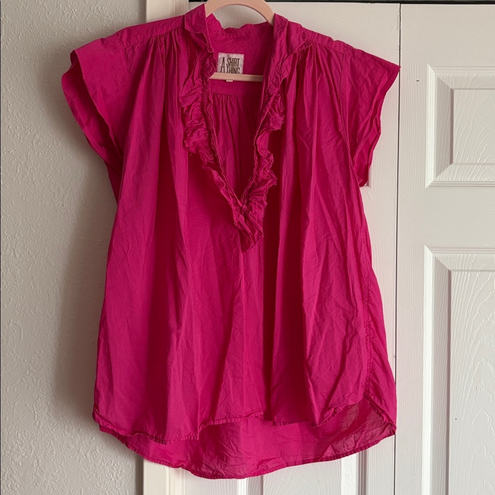 A Shirt Thing Logan Bright Pink Ruffle Top Blouse size M